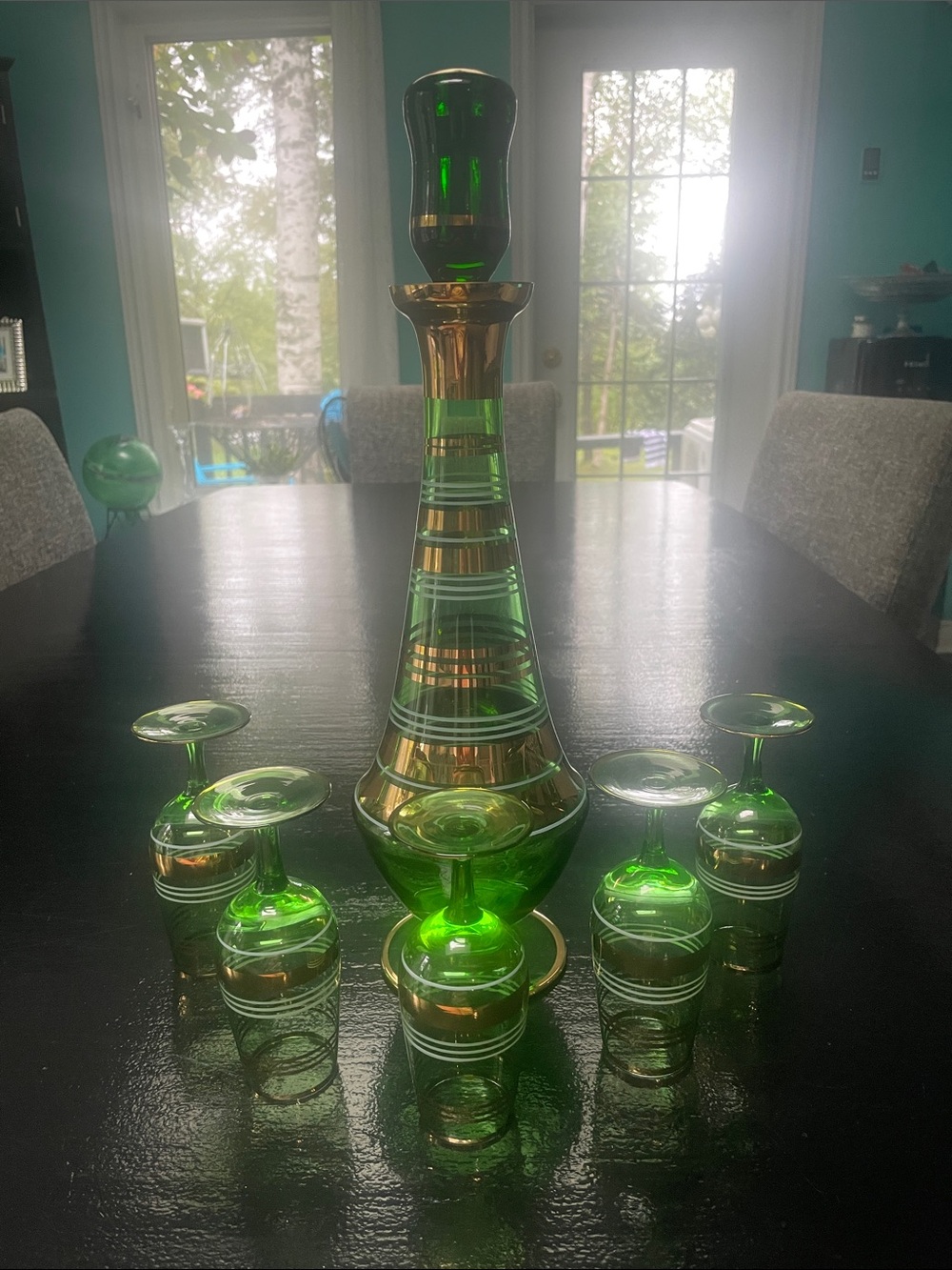Vintage Bohemian Glass Hand Painted Decanter 5 Cordial Glasses Green WGold Trim